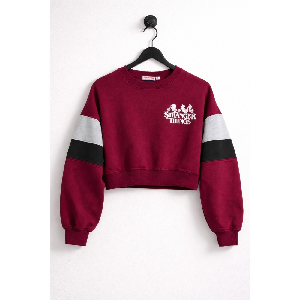 Stranger Things Crop Sweatshirt Womens M Maroon Crewneck Graphic Netflix Pullove